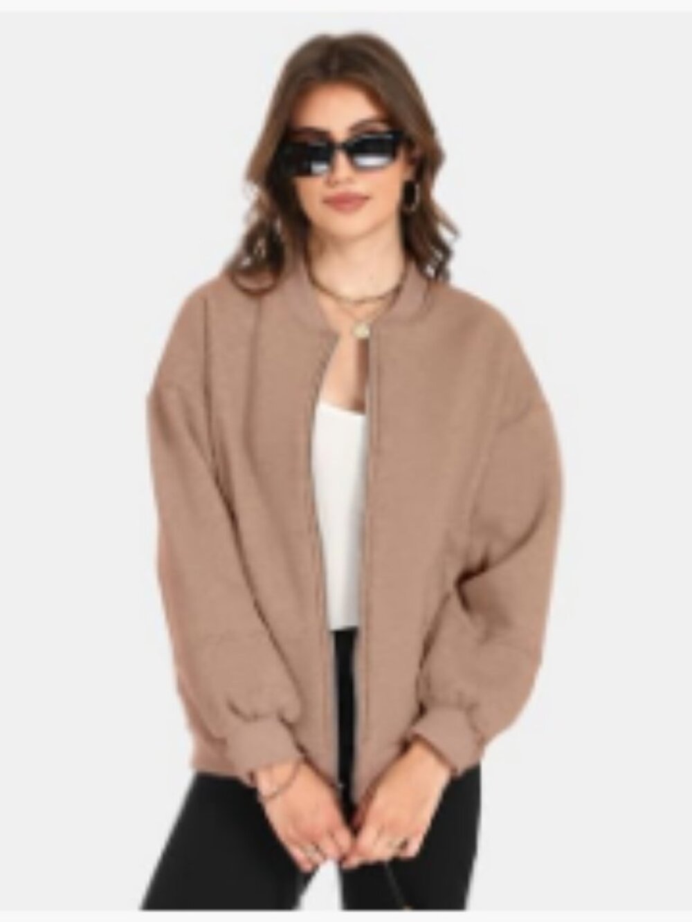 Oversized Zip Up Fleece Bomber Jacket with Lantern Sleeves - Picture 4 of 6